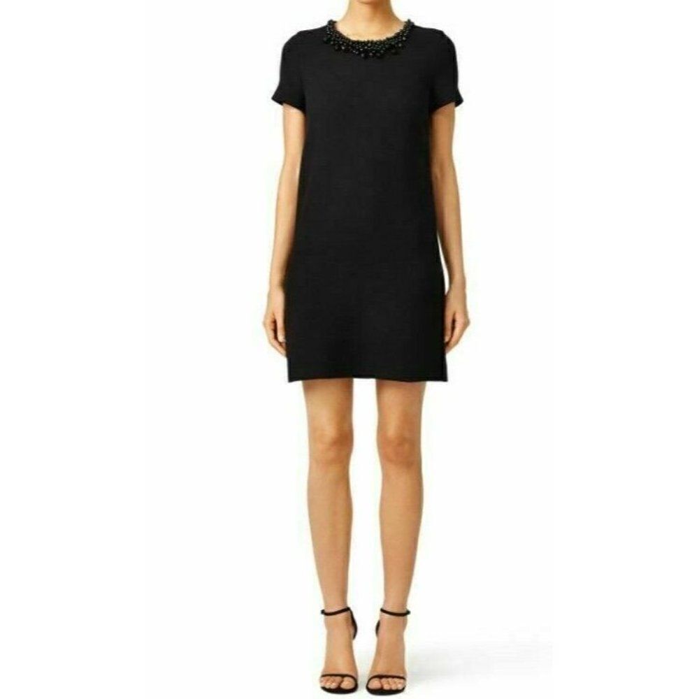 Boutique Moschino Womens Black Dress Size 6 Beaded Neckline Virgin Wool Shift